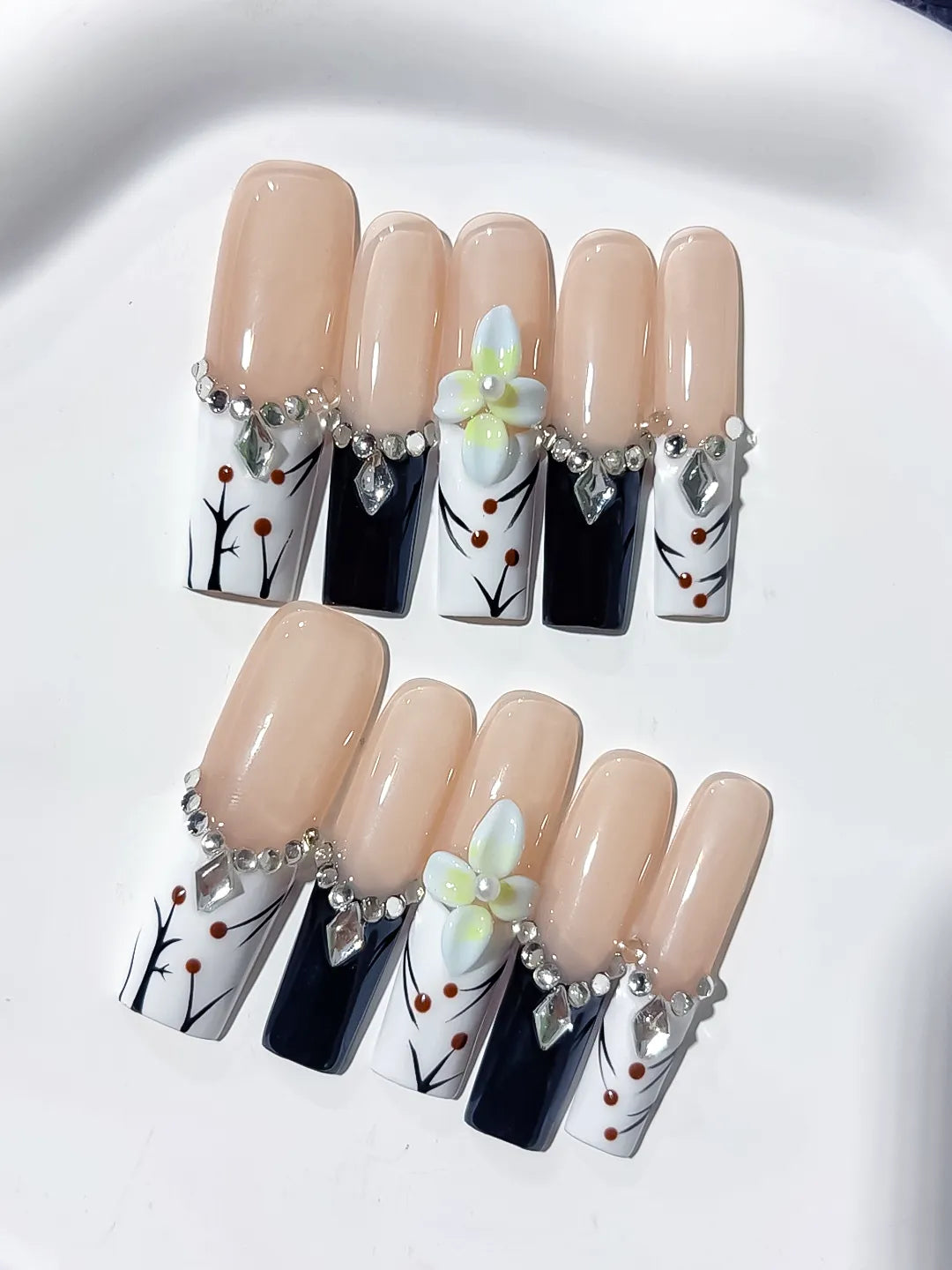 Nude White Black Green Silver Abstract Flower Rhinestone Metallic Accent 3D press on nails detail view