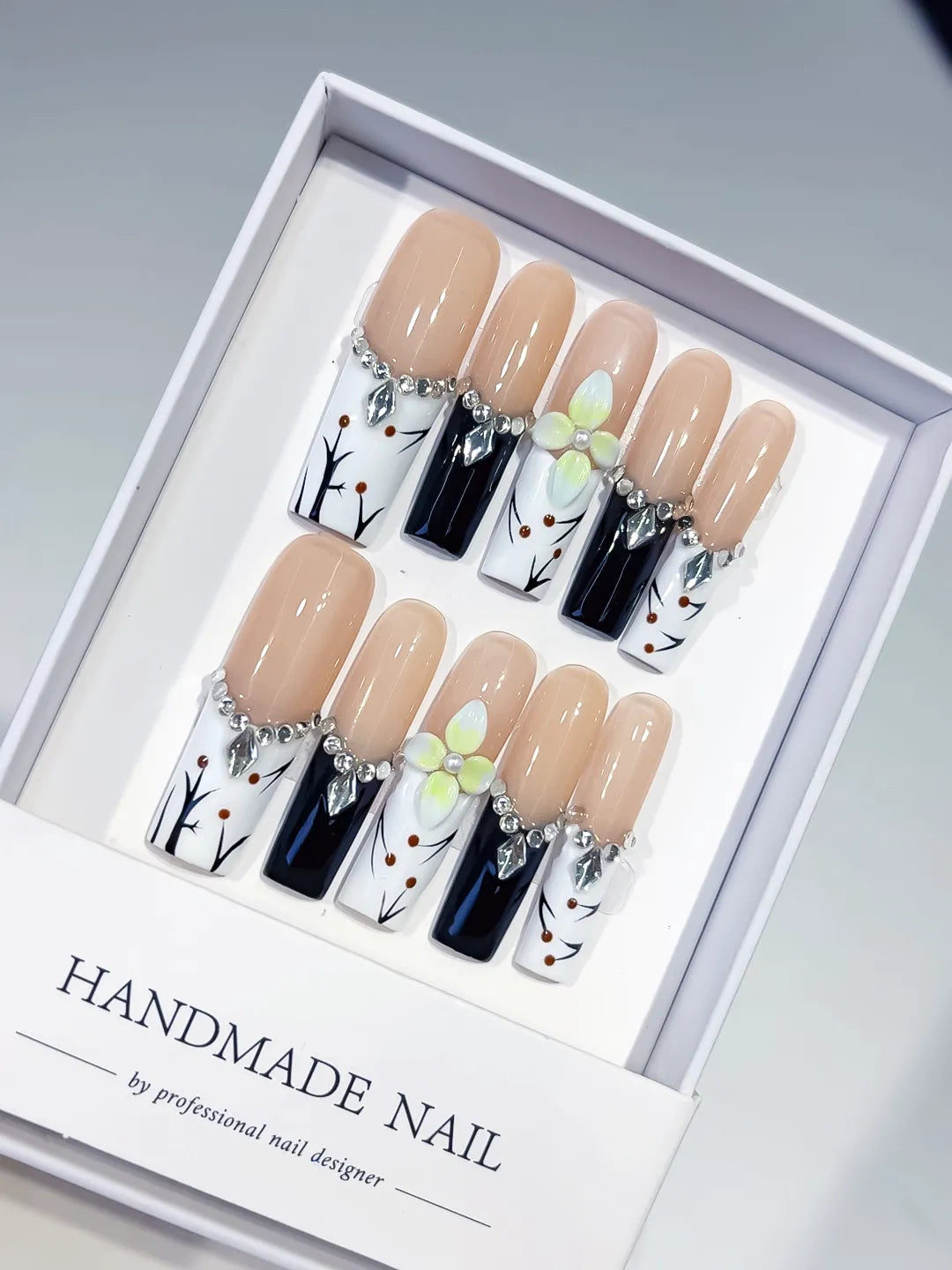 Nude White Black Green Silver Abstract Flower Rhinestone Metallic Accent 3D press on nails