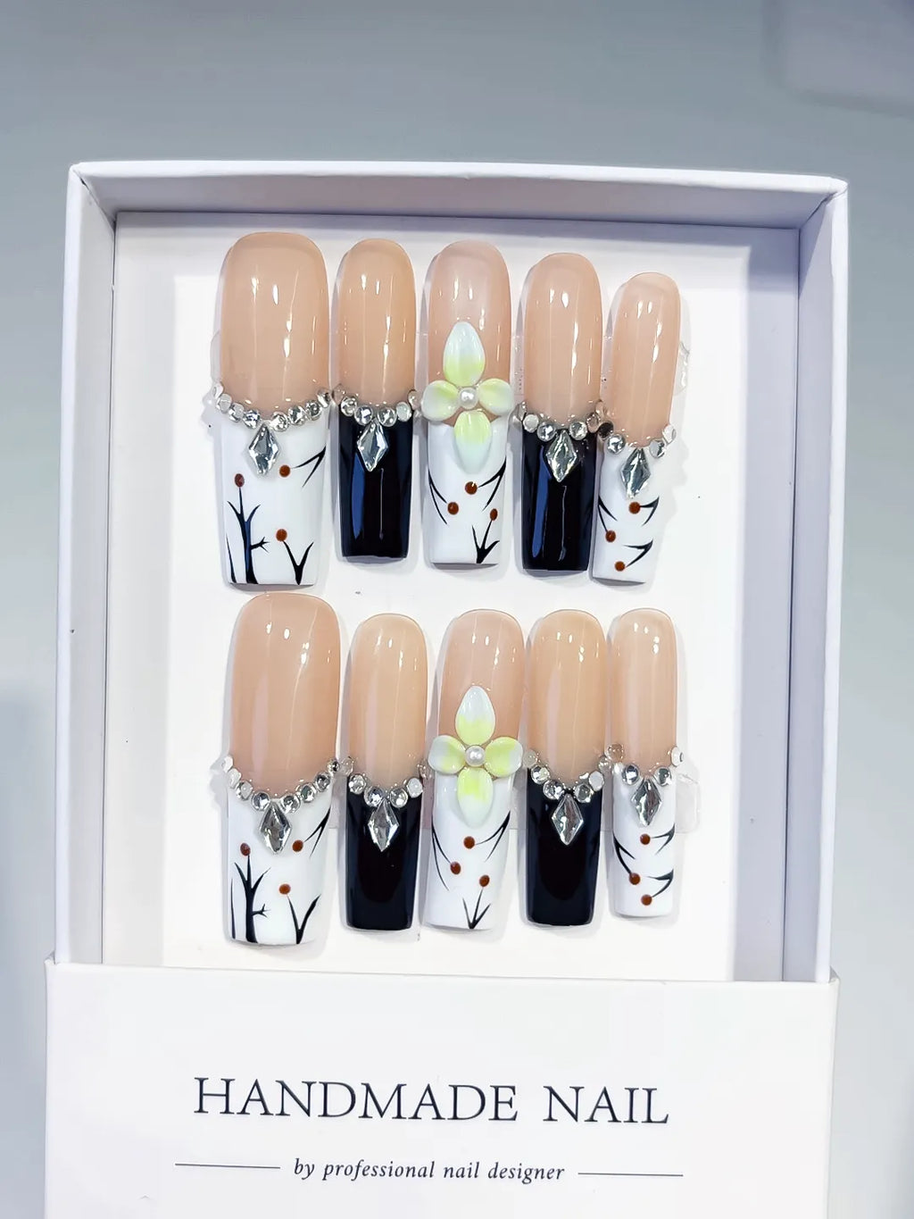 Nude White Black Green Silver Abstract Flower Rhinestone Metallic Accent 3D press on nails full set view