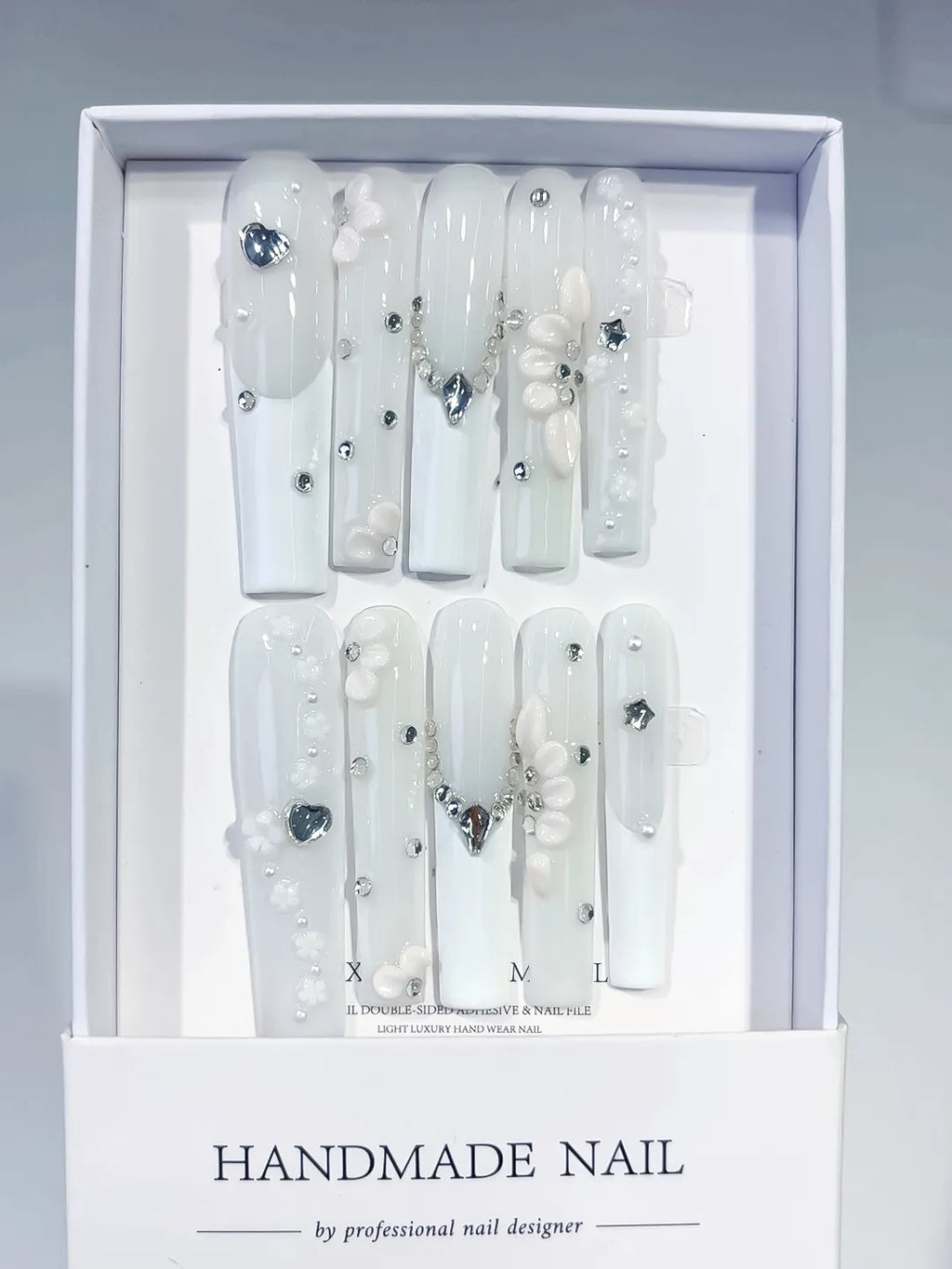 White Silver Solid color Heart Flower Rhinestone Pearl 3D press on nails full set view
