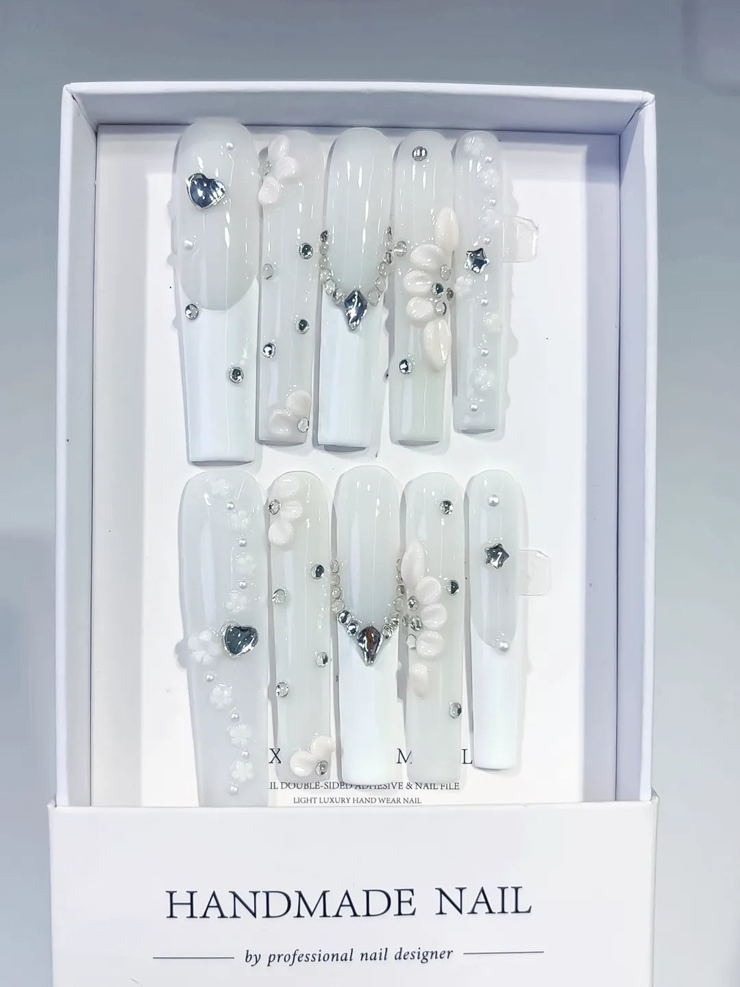 White Silver Solid color Heart Flower Rhinestone Pearl 3D press on nails full set view