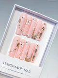 Pink Gold White Solid color Flower Pearl Chain Metallic Accent 3D press on nails