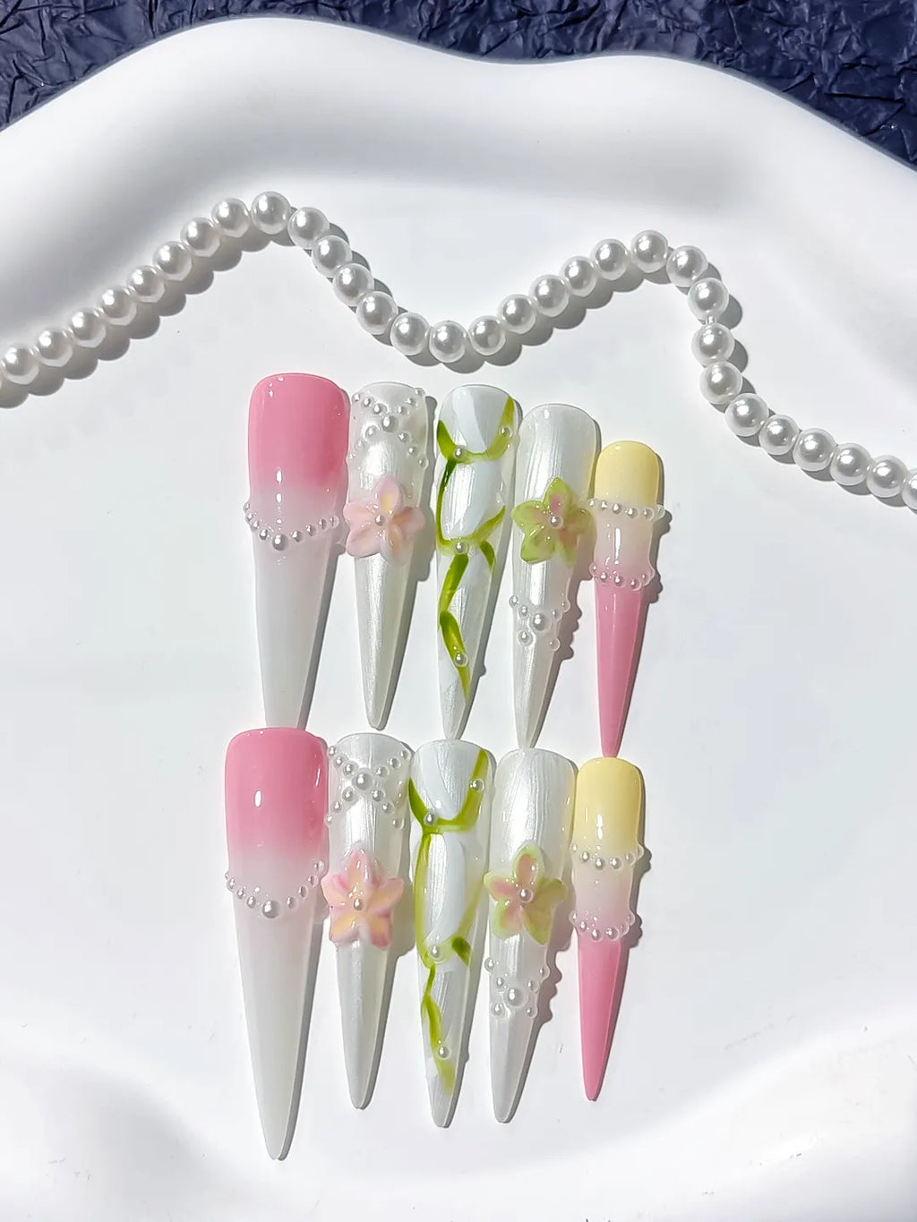 White Pink Yellow Green Abstract Flower Pearl 3D press on nails close up