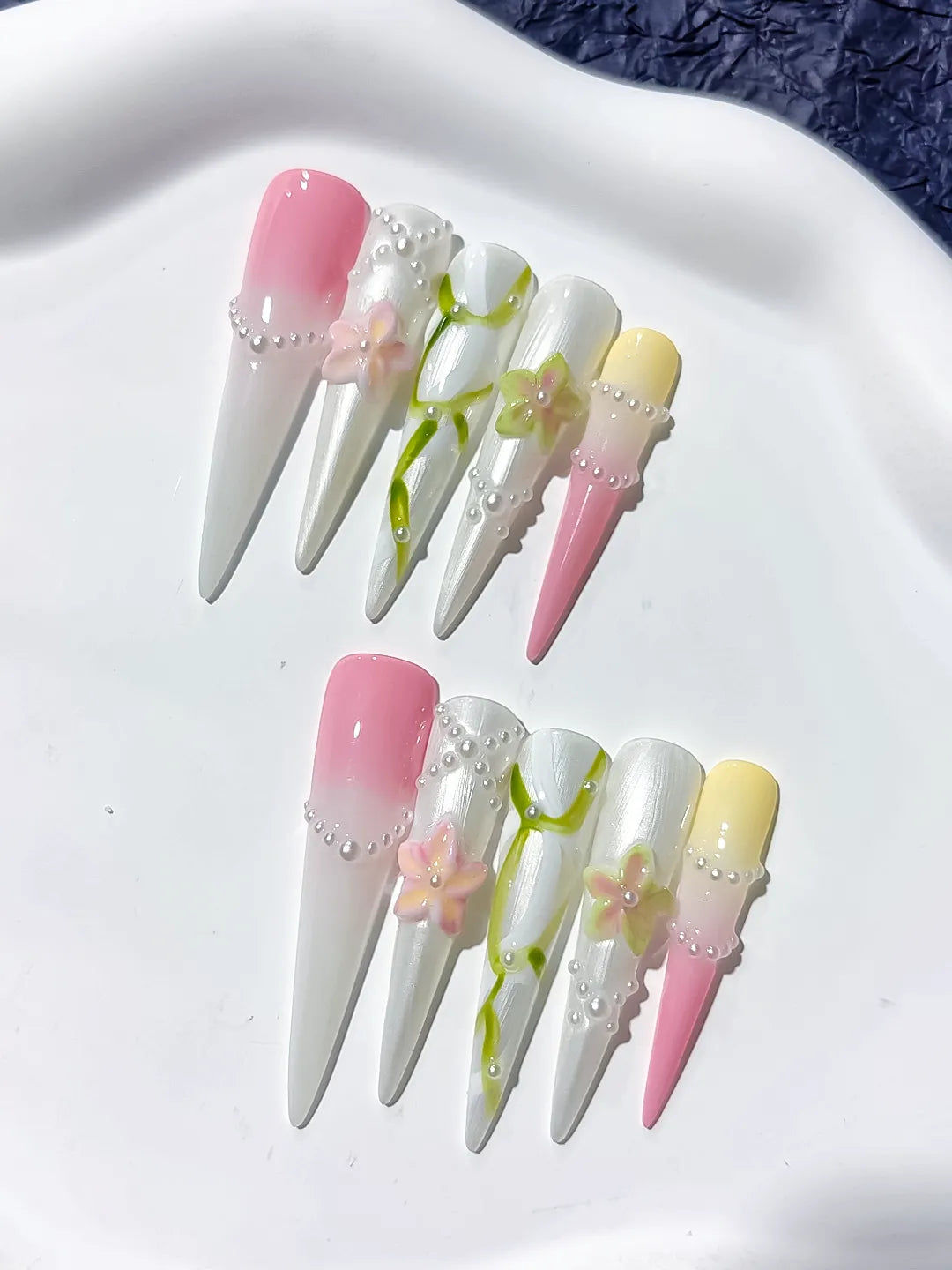 White Pink Yellow Green Abstract Flower Pearl 3D press on nails detail view