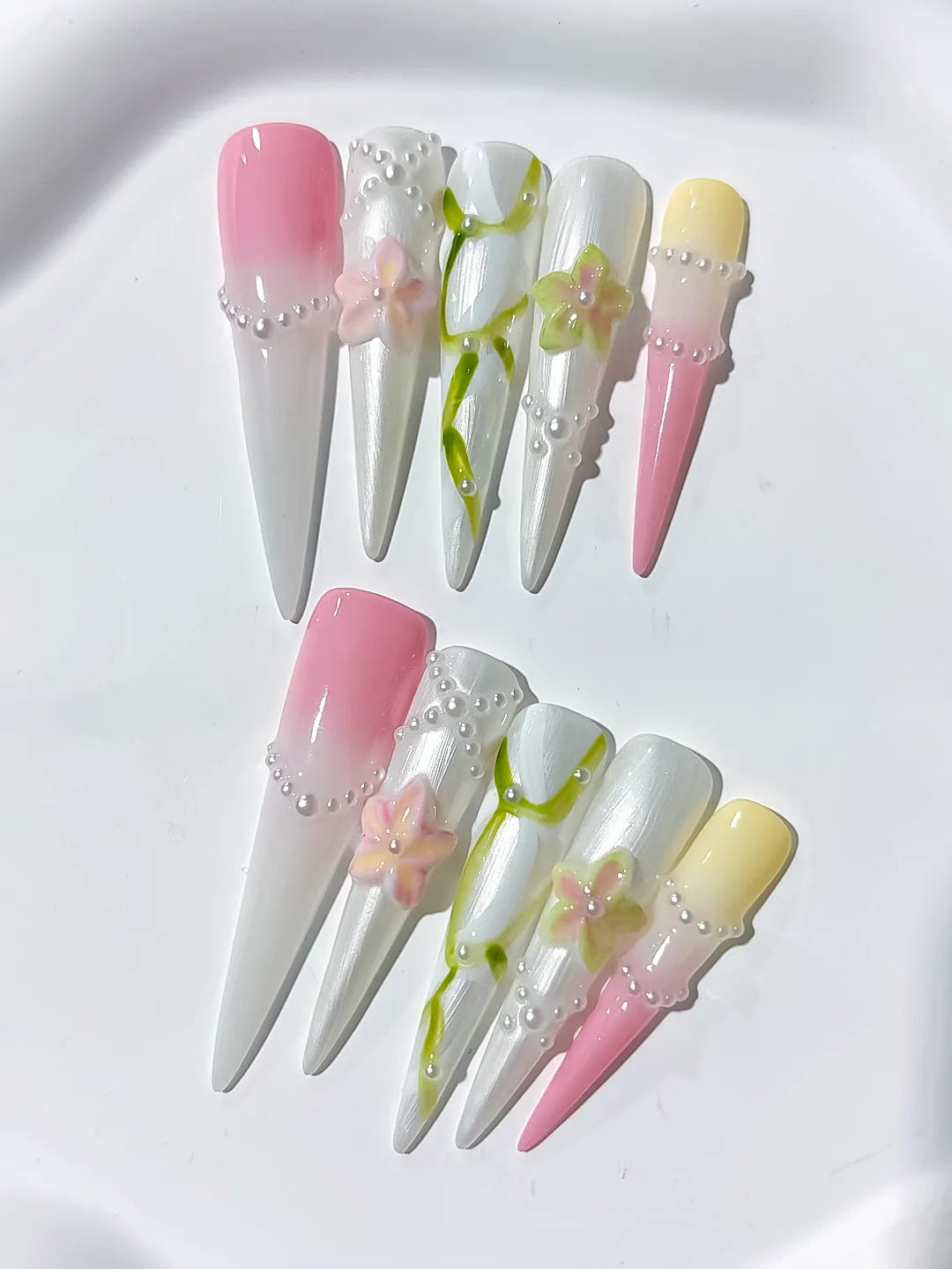 White Pink Yellow Green Abstract Flower Pearl 3D press on nails detail view