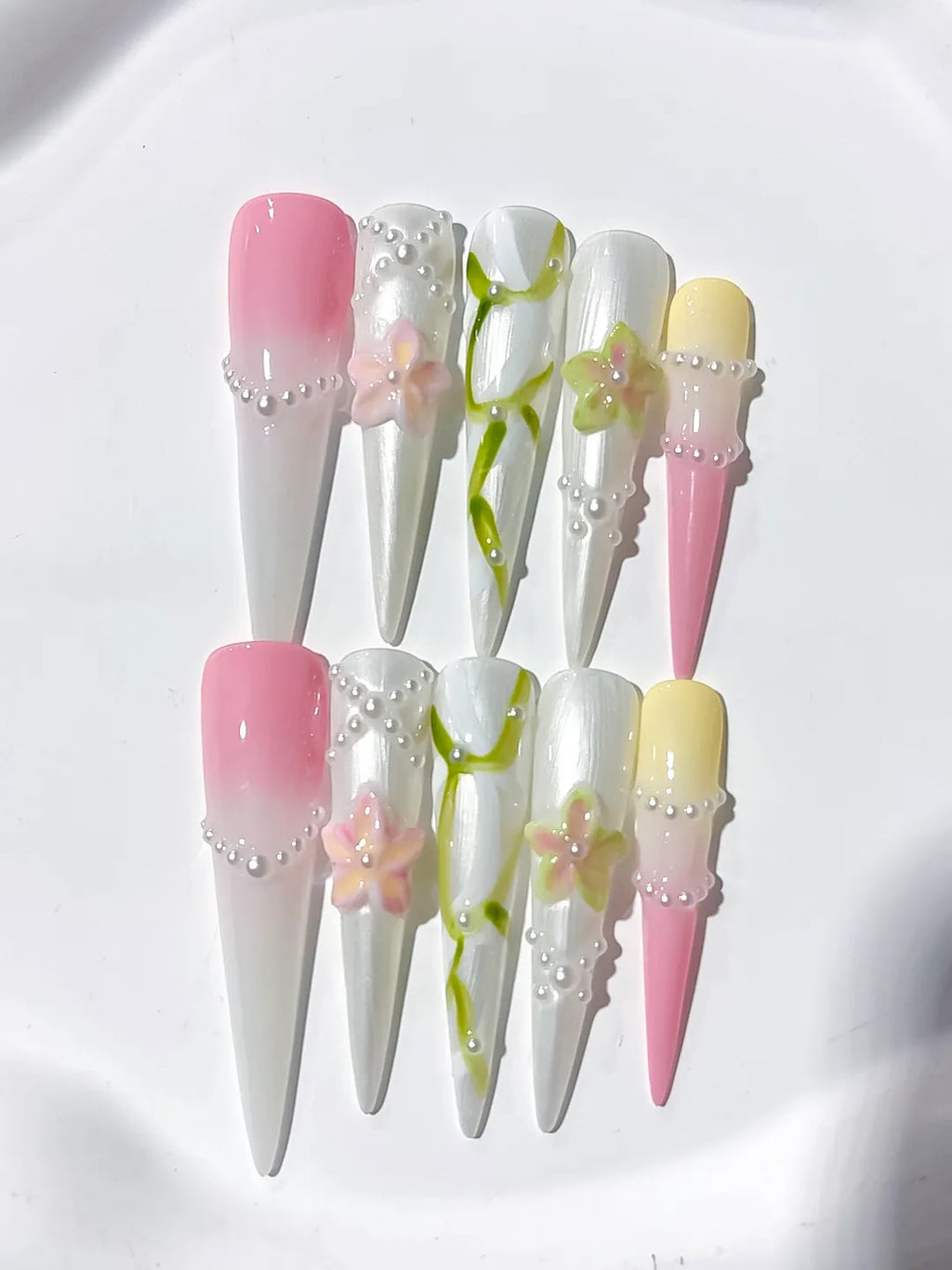 White Pink Yellow Green Abstract Flower Pearl 3D press on nails detail view