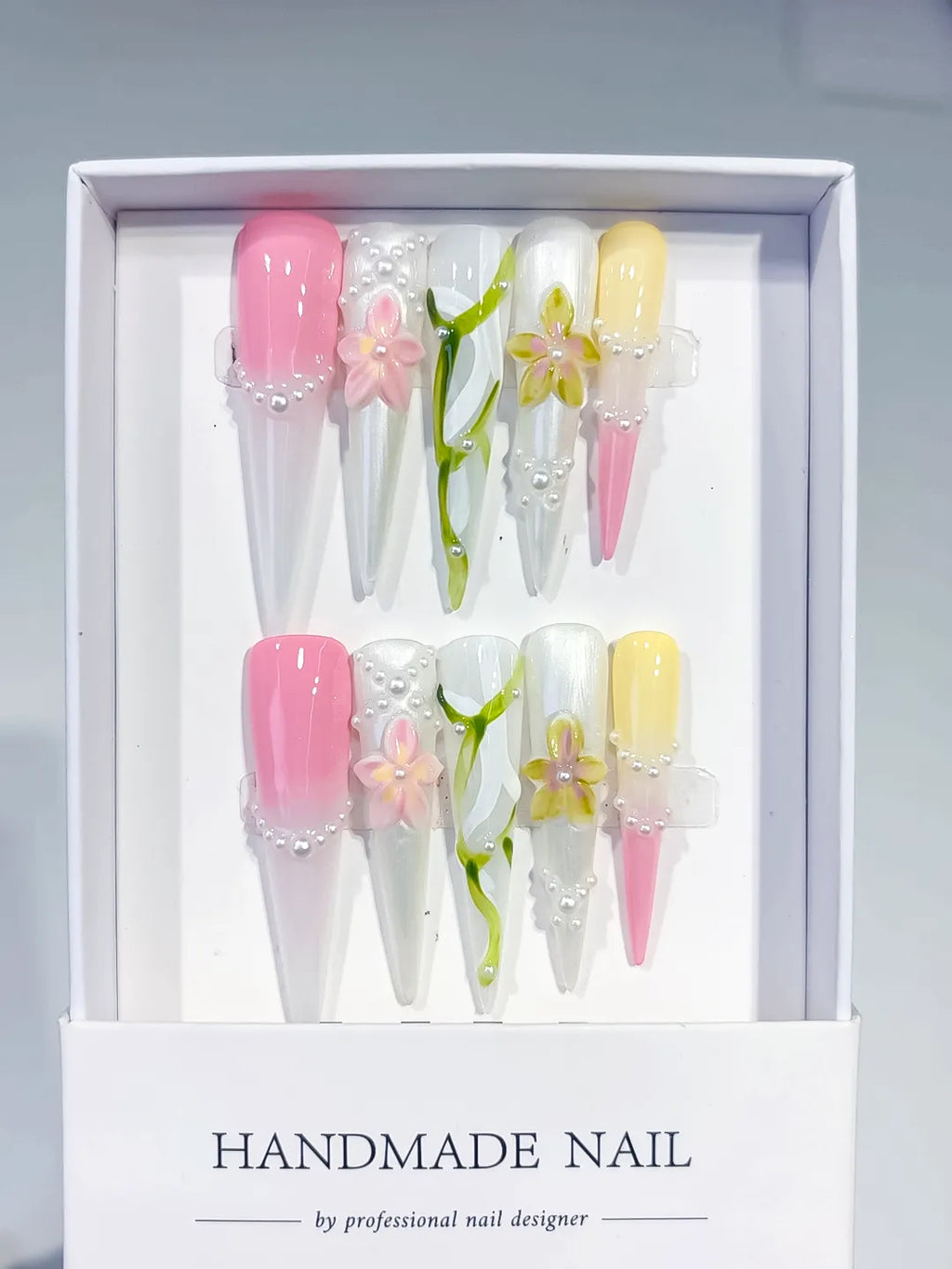 White Pink Yellow Green Abstract Flower Pearl 3D press on nails full set view