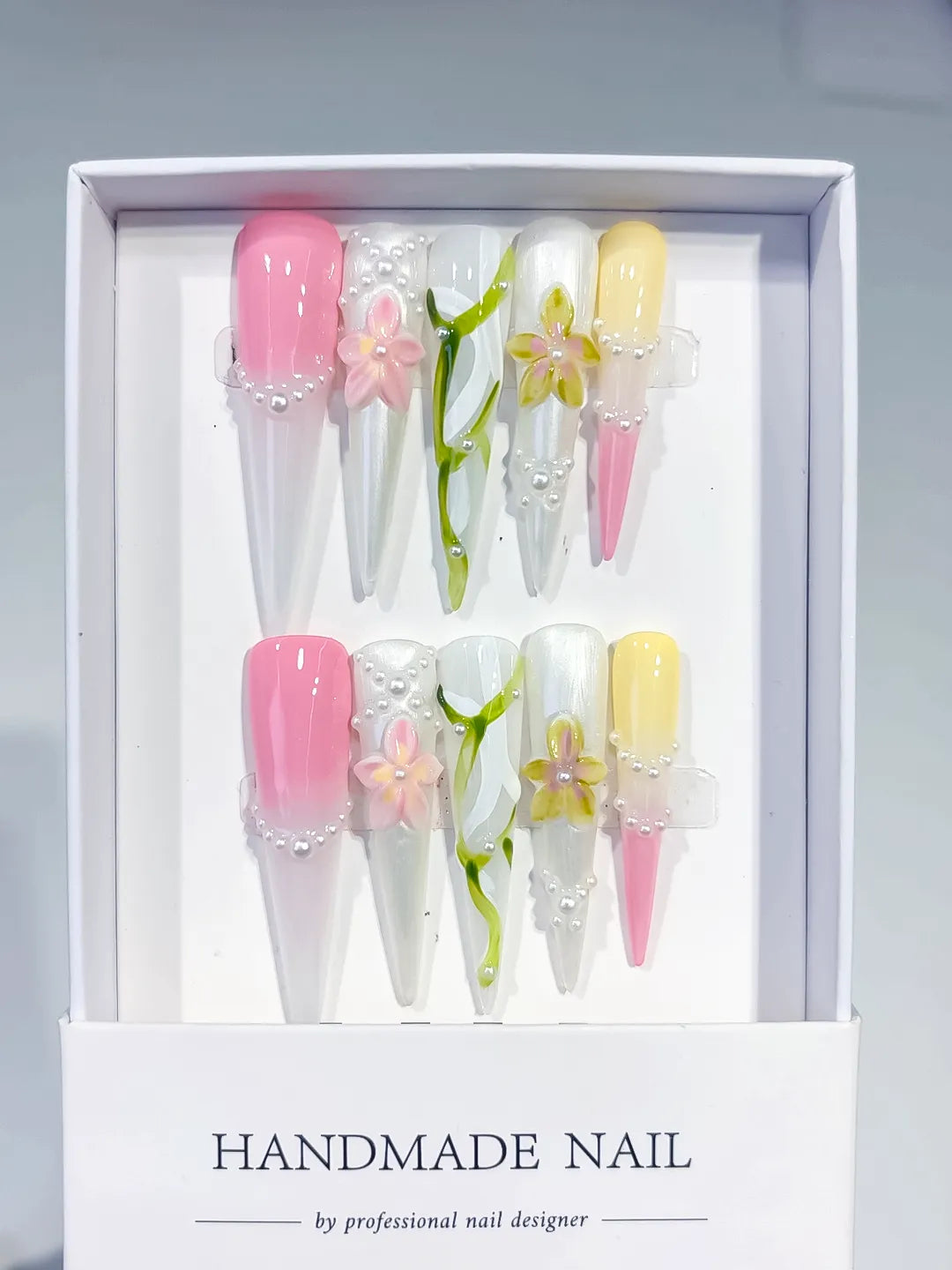 White Pink Yellow Green Abstract Flower Pearl 3D press on nails full set view