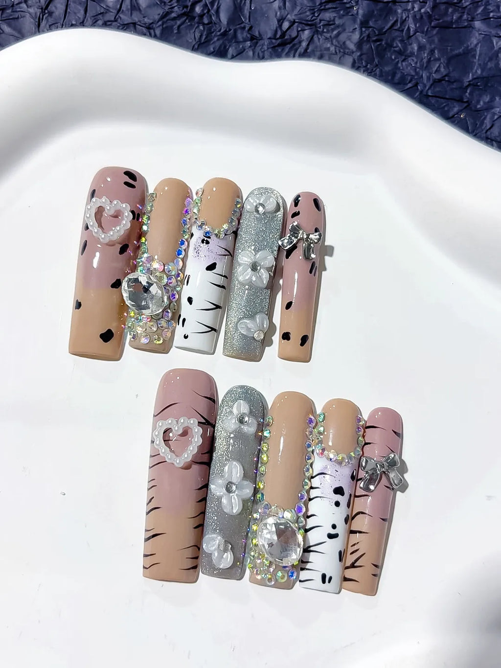 Nude White Silver Black Glitter Heart Bow Pearl Rhinestone Animal Print 3D press on nails detail view