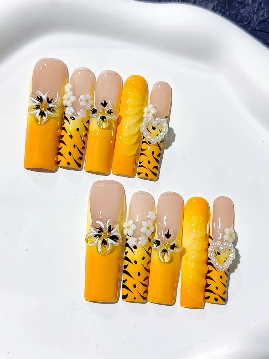 Nude Yellow White Black Abstract Flower Heart Animal Print 3D press on nails detail view