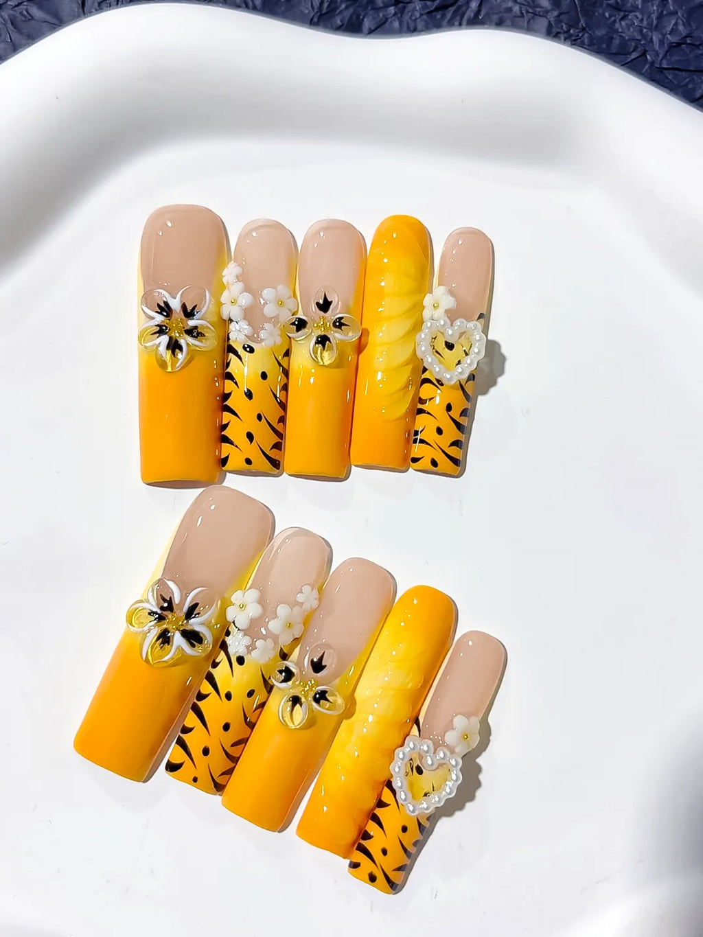 Nude Yellow White Black Abstract Flower Heart Animal Print 3D press on nails close up