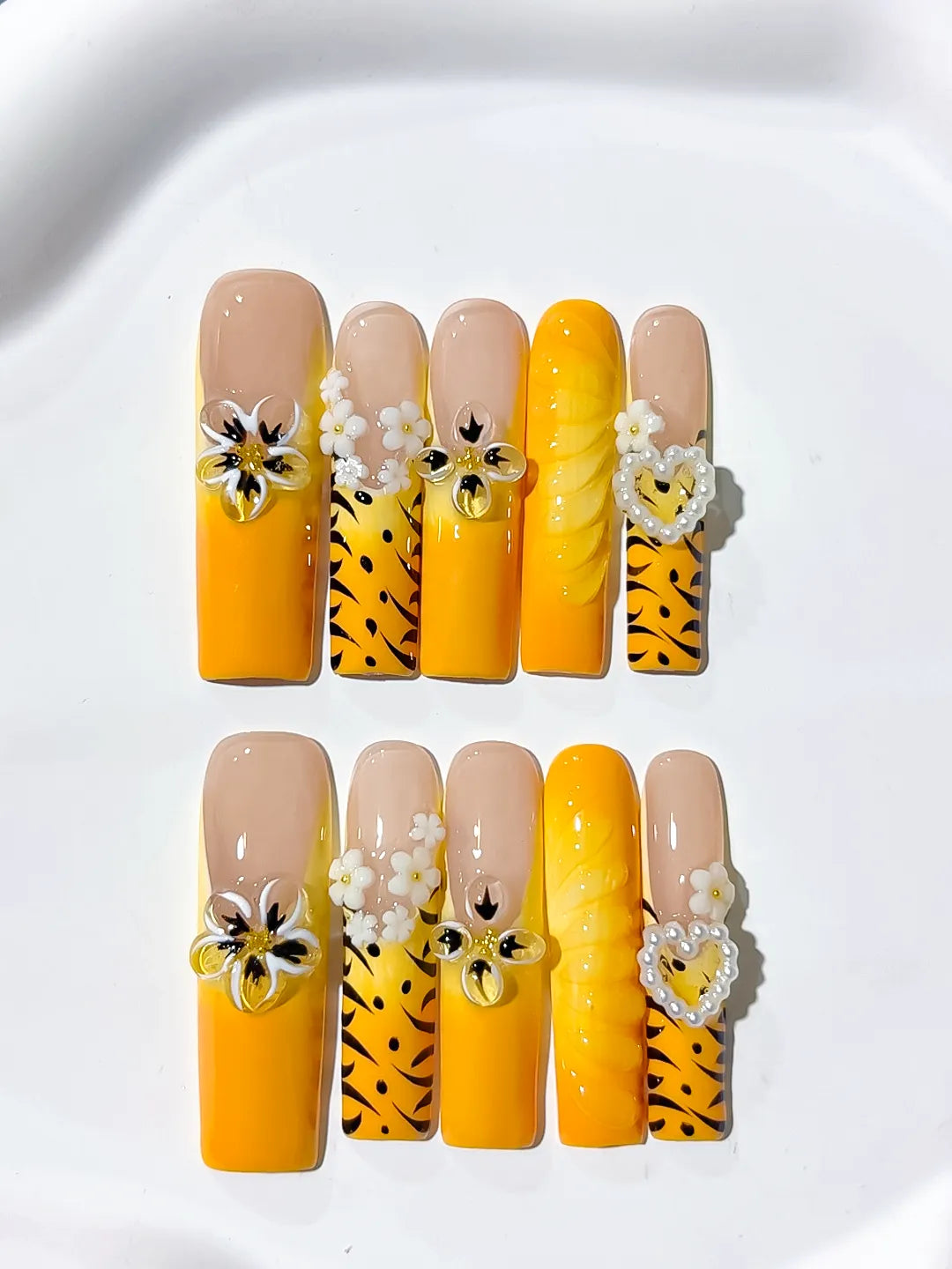 Nude Yellow White Black Abstract Flower Heart Animal Print 3D press on nails detail view