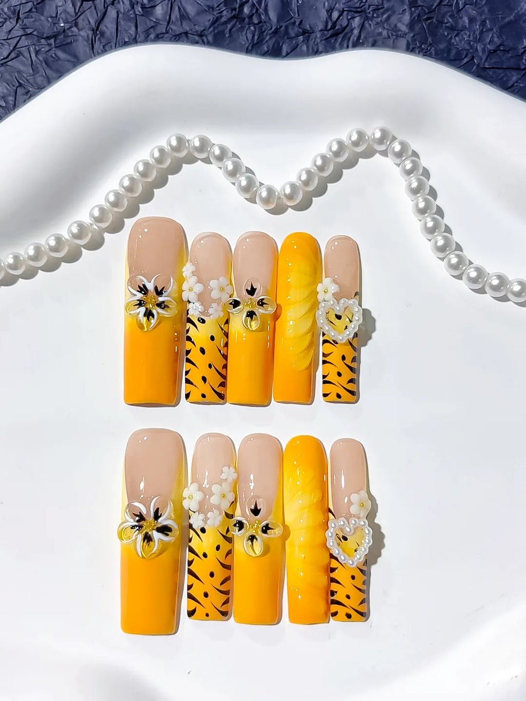 Nude Yellow White Black Abstract Flower Heart Animal Print 3D press on nails detail view