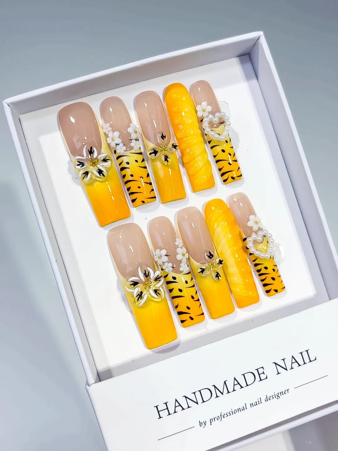 Nude Yellow White Black Abstract Flower Heart Animal Print 3D press on nails angled view