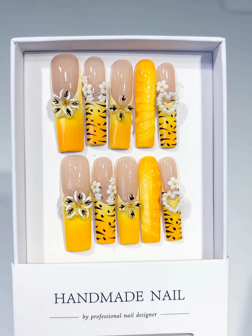 Nude Yellow White Black Abstract Flower Heart Animal Print 3D press on nails full set view