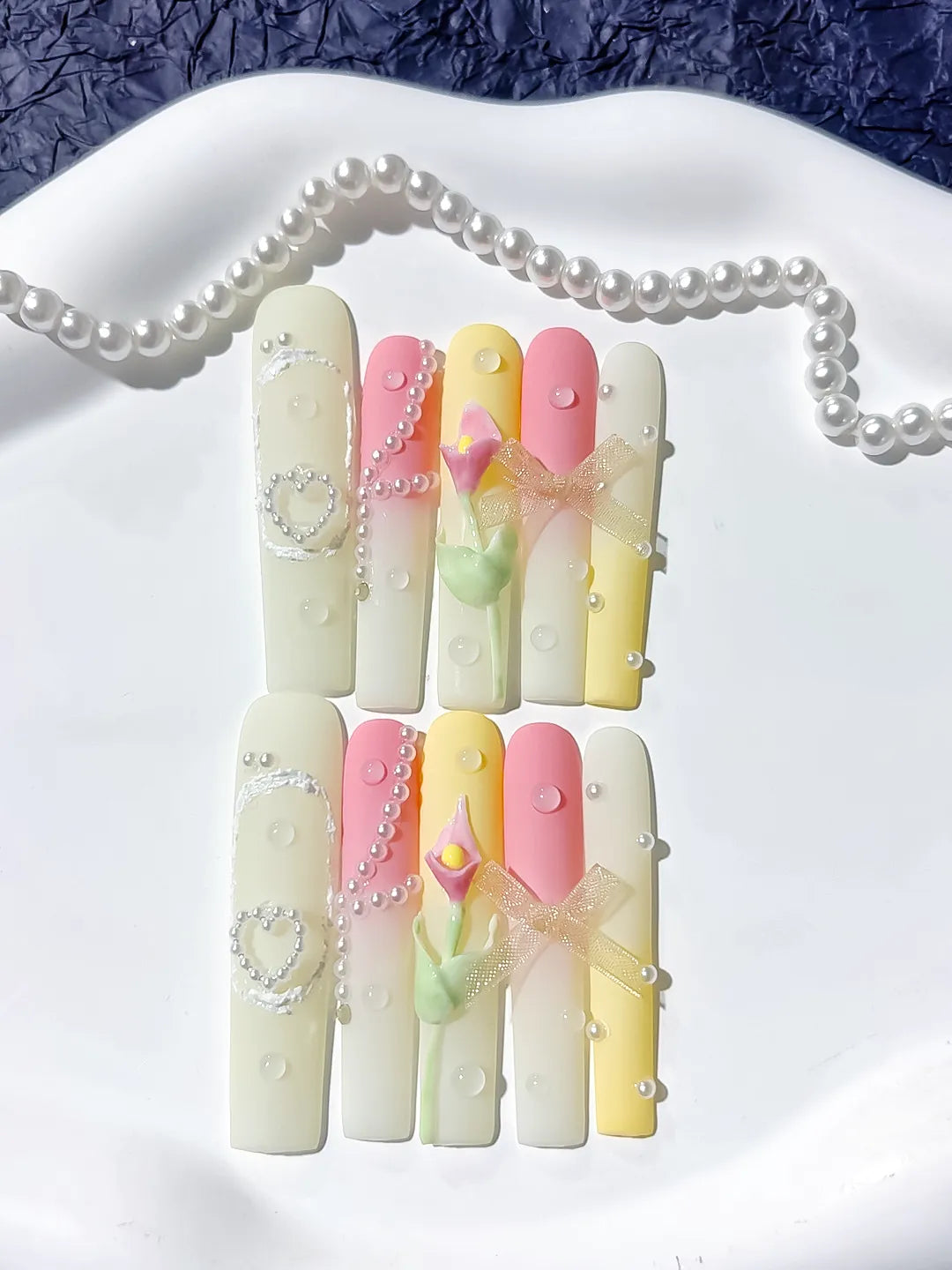 Yellow Pink White Silver Ombre Bow Heart Pearl 3D press on nails detail view