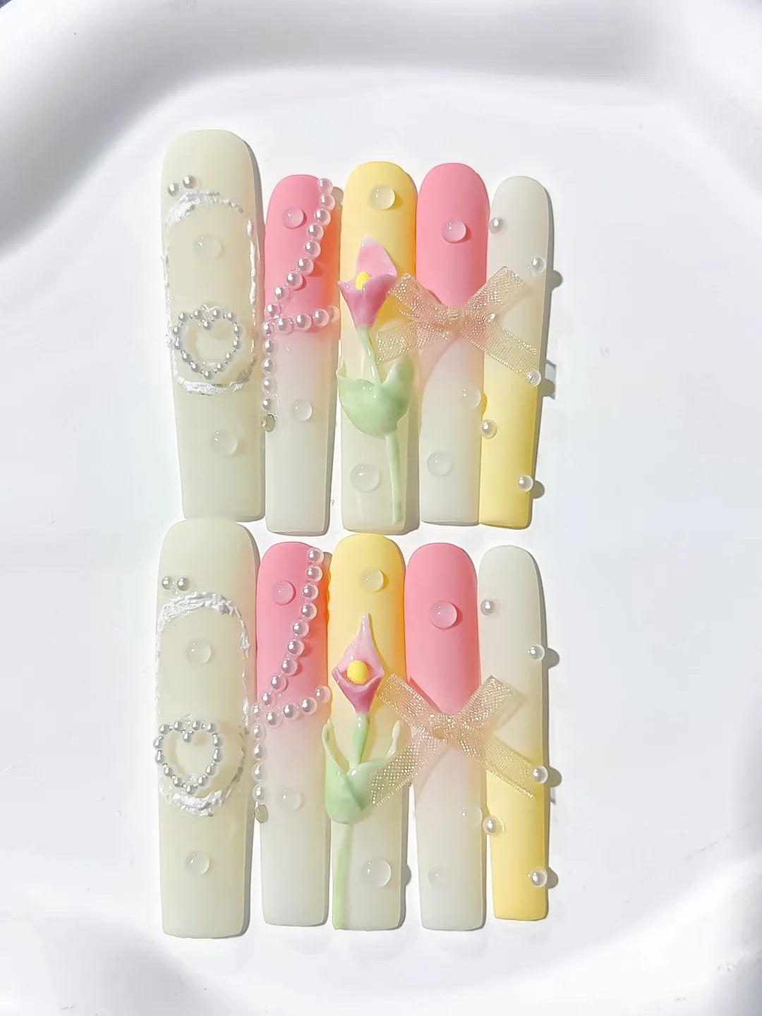 Yellow Pink White Silver Ombre Bow Heart Pearl 3D press on nails detail view