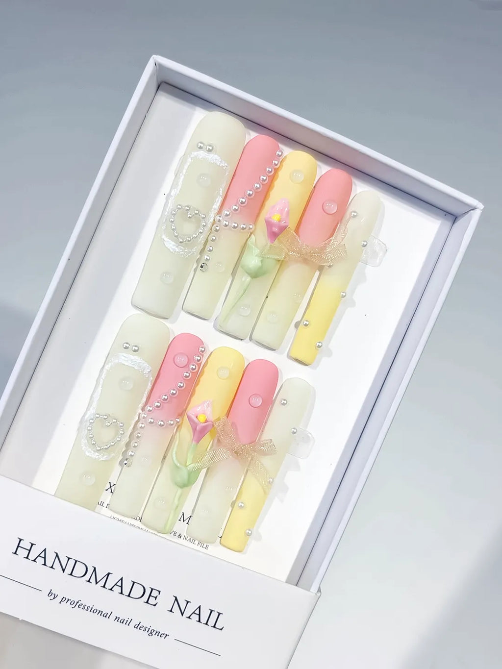 Yellow Pink White Silver Ombre Bow Heart Pearl 3D press on nails