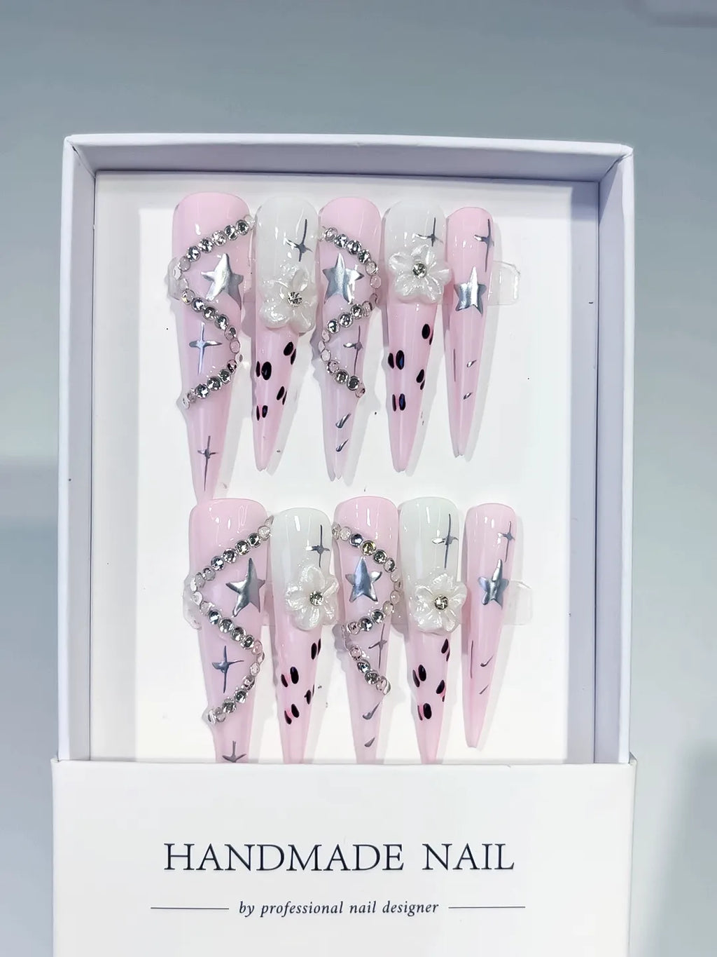 Pink White Silver Black Abstract Star Flower Rhinestone Chain 3D press on nails full set view