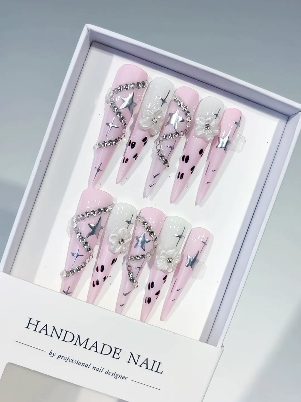 Pink White Silver Black Abstract Star Flower Rhinestone Chain 3D press on nails