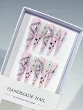 Pink White Silver Black Abstract Star Flower Rhinestone Chain 3D press on nails