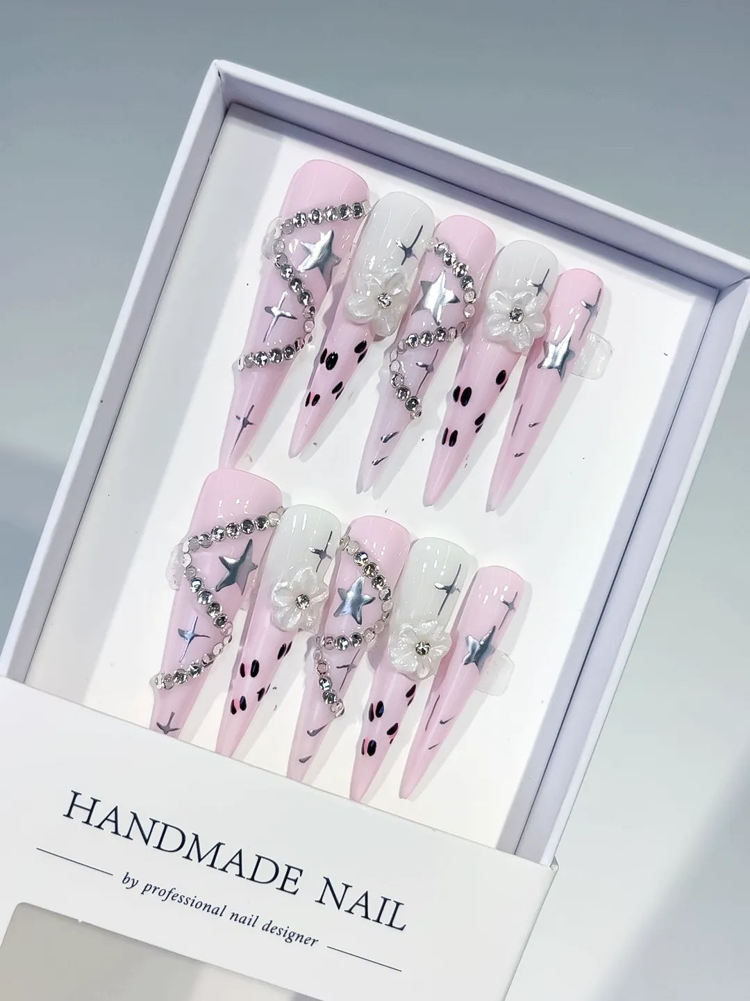 Pink White Silver Black Abstract Star Flower Rhinestone Chain 3D press on nails