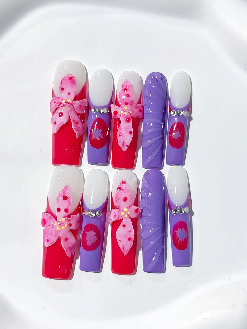 Pink White Purple Silver Abstract Flower Rhinestone 3D press on nails detail view
