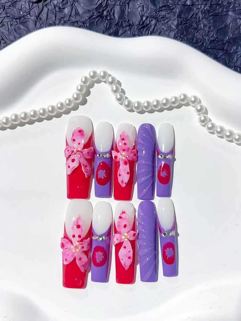 Pink White Purple Silver Abstract Flower Rhinestone 3D press on nails close up