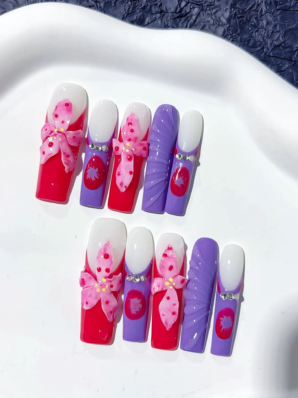 Pink White Purple Silver Abstract Flower Rhinestone 3D press on nails detail view