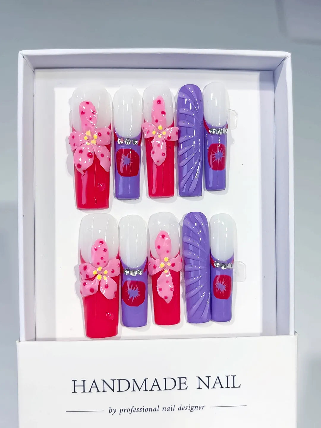 Pink White Purple Silver Abstract Flower Rhinestone 3D press on nails full set view