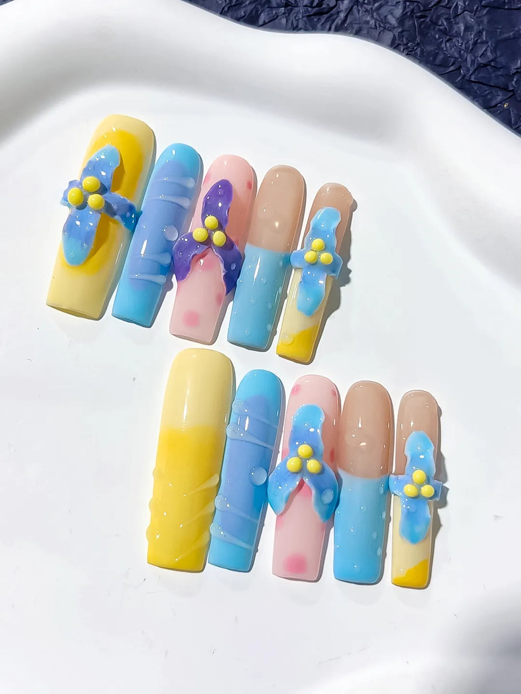 Yellow Blue Pink Nude Purple Abstract Bow Flower Dot 3D press on nails detail view
