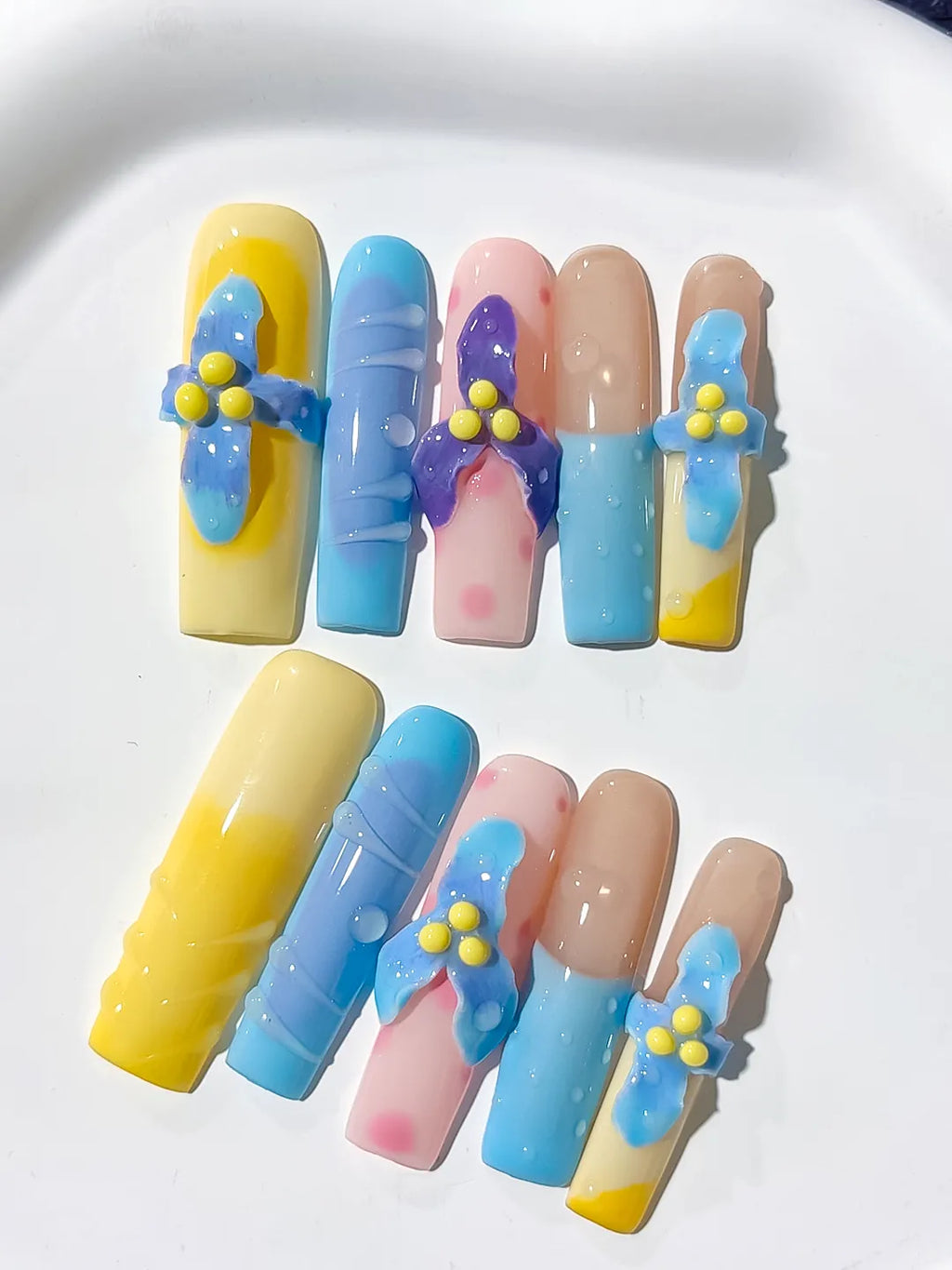 Yellow Blue Pink Nude Purple Abstract Bow Flower Dot 3D press on nails close up