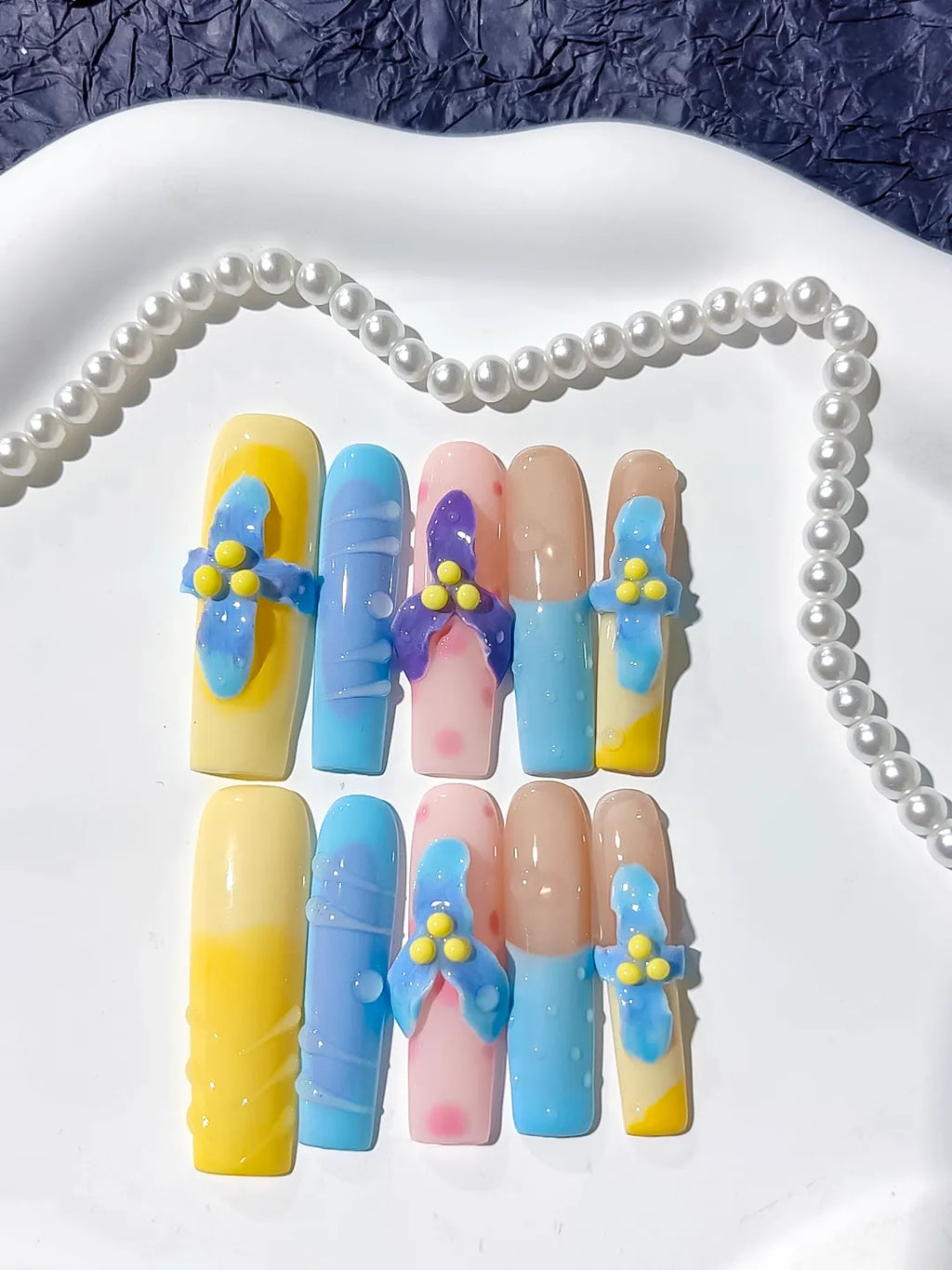 Yellow Blue Pink Nude Purple Abstract Bow Flower Dot 3D press on nails detail view
