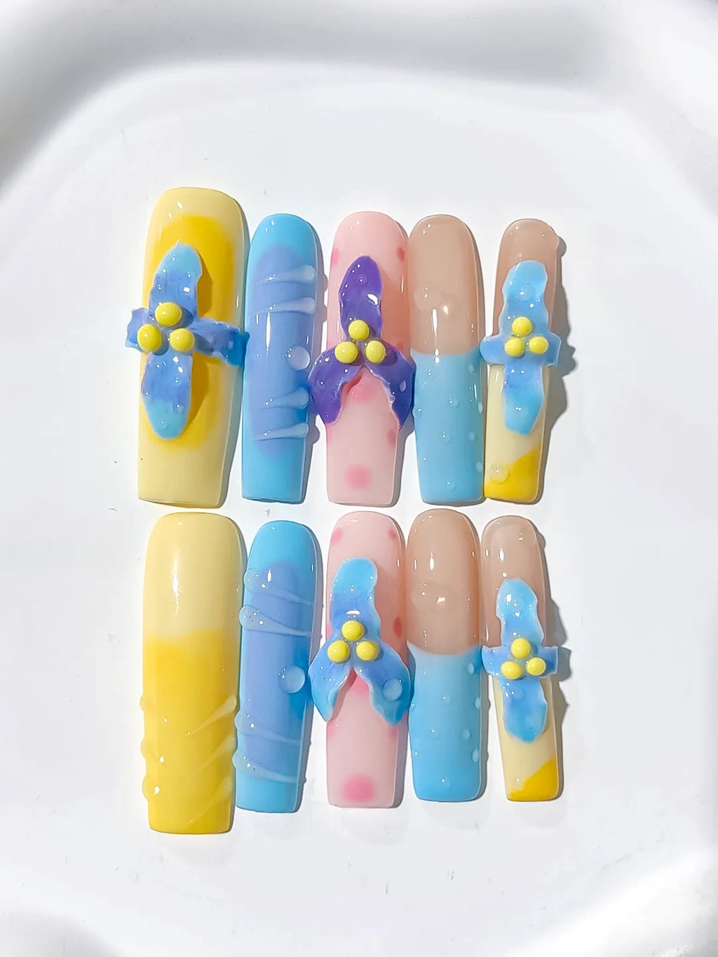 Yellow Blue Pink Nude Purple Abstract Bow Flower Dot 3D press on nails detail view