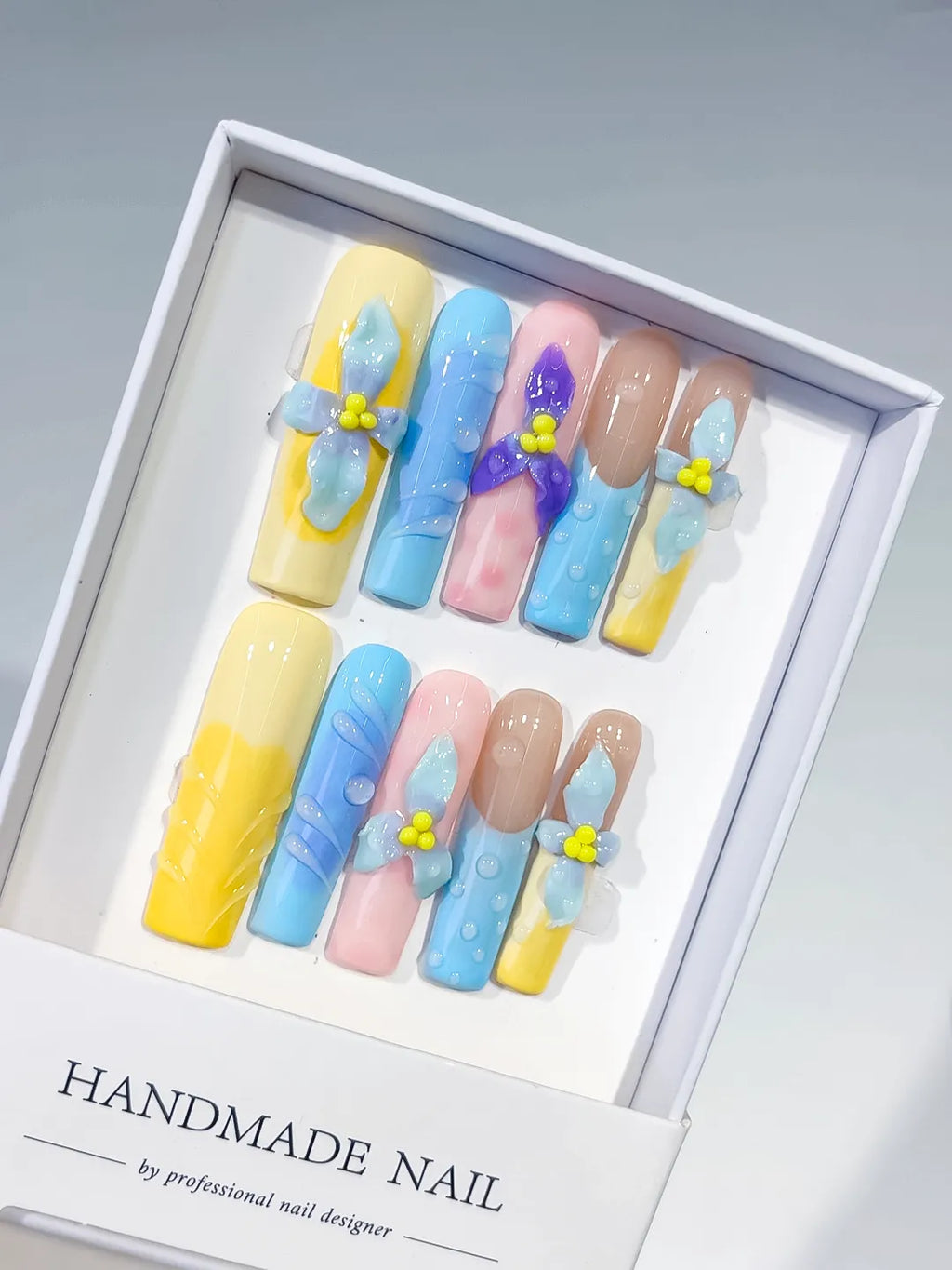 Yellow Blue Pink Nude Purple Abstract Bow Flower Dot 3D press on nails