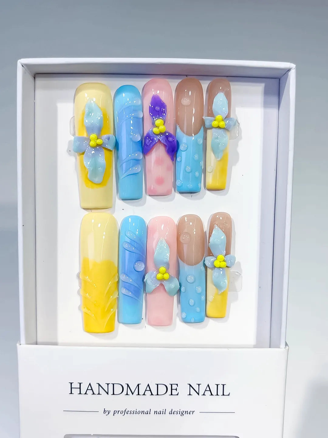 Yellow Blue Pink Nude Purple Abstract Bow Flower Dot 3D press on nails full set view