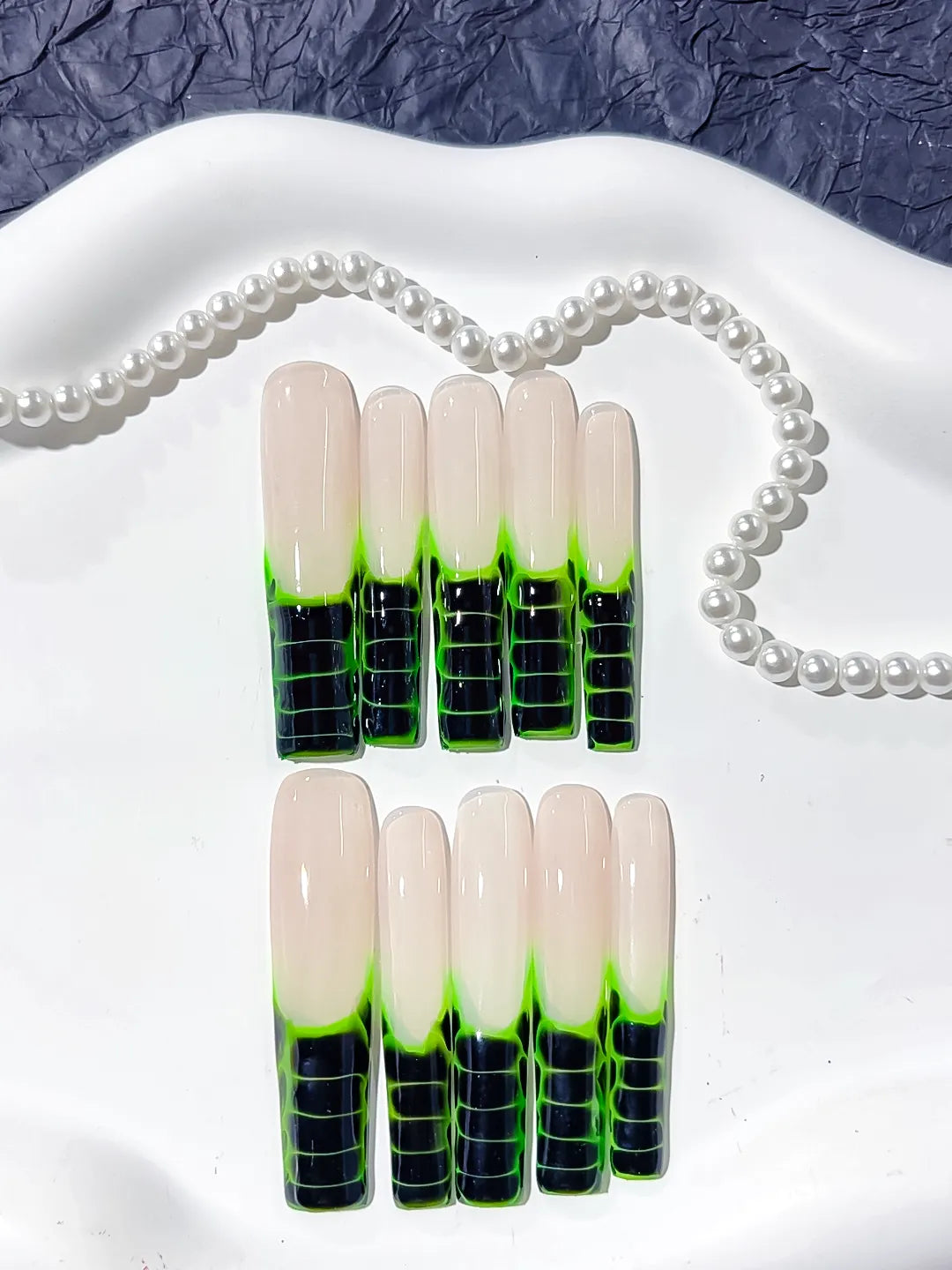 Nude Black Green Blue Abstract Grid press on nails close up