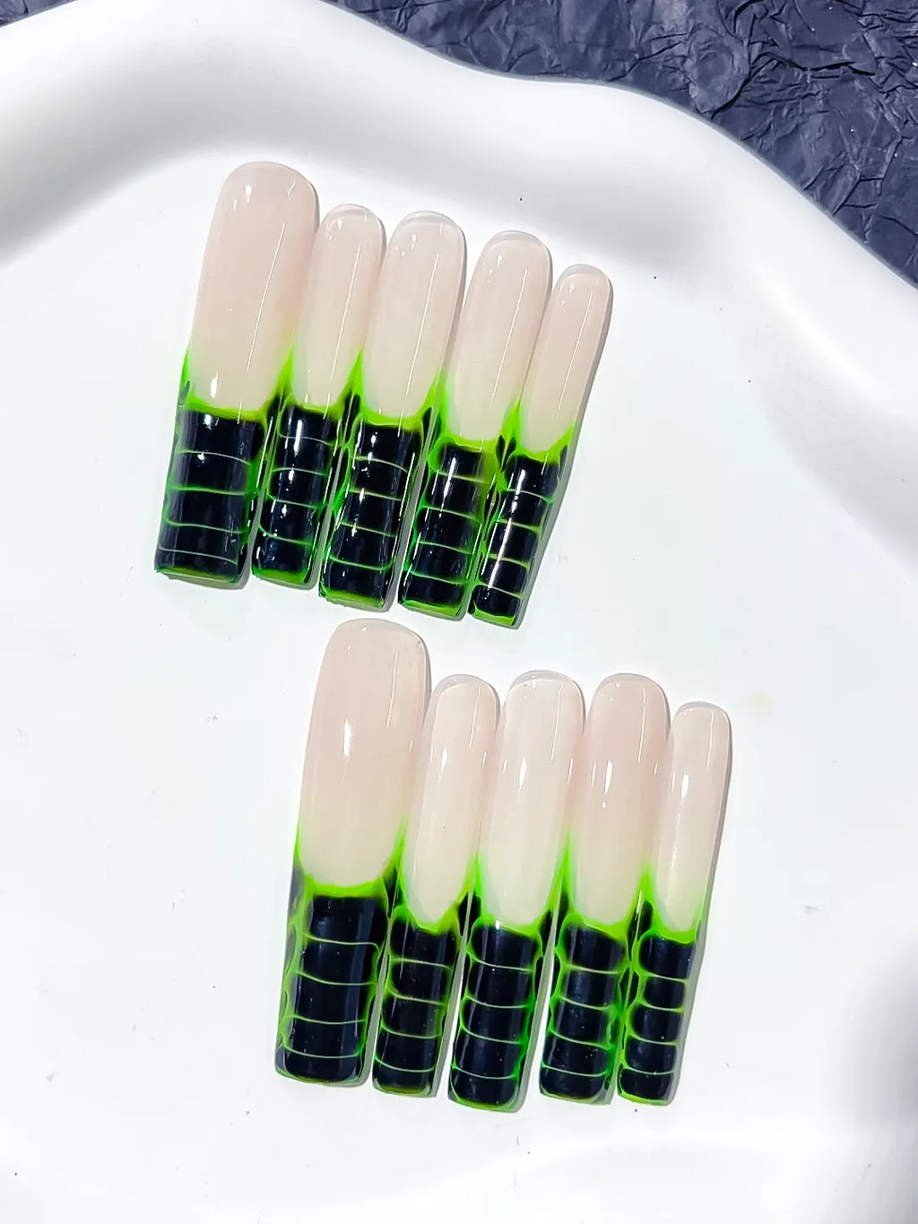Nude Black Green Blue Abstract Grid press on nails detail view