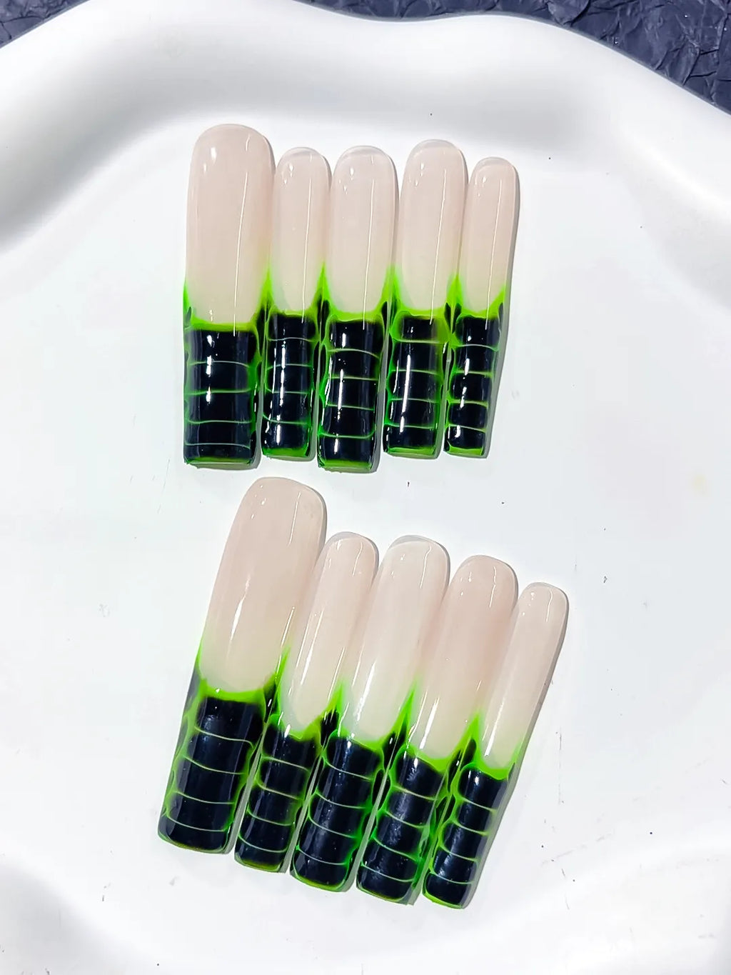Nude Black Green Blue Abstract Grid press on nails detail view