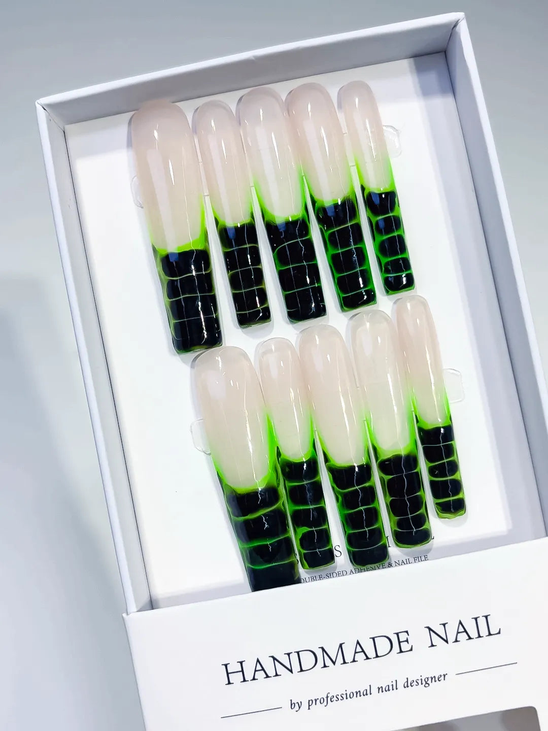 Nude Black Green Blue Abstract Grid press on nails angled view