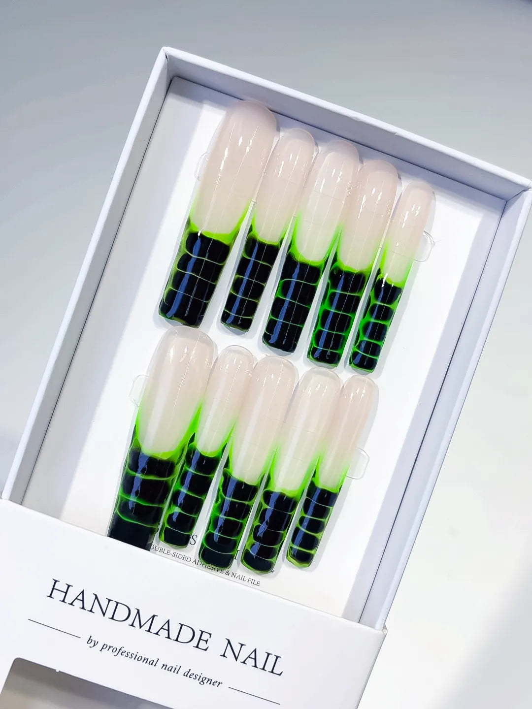 Nude Black Green Blue Abstract Grid press on nails