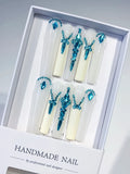 White Blue Solid color Rhinestone Chain Metallic Accent press on nails