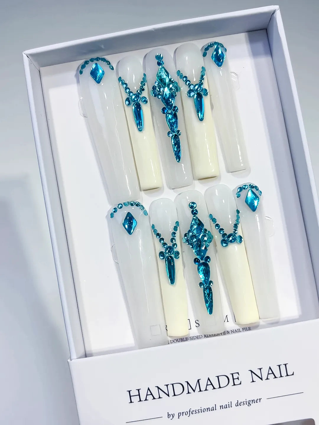 White Blue Solid color Rhinestone Chain Metallic Accent press on nails angled view