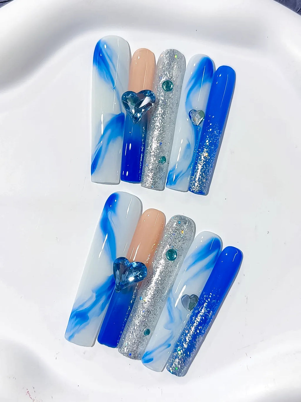 Blue White Silver Nude Abstract Heart Glitter Rhinestone press on nails close up