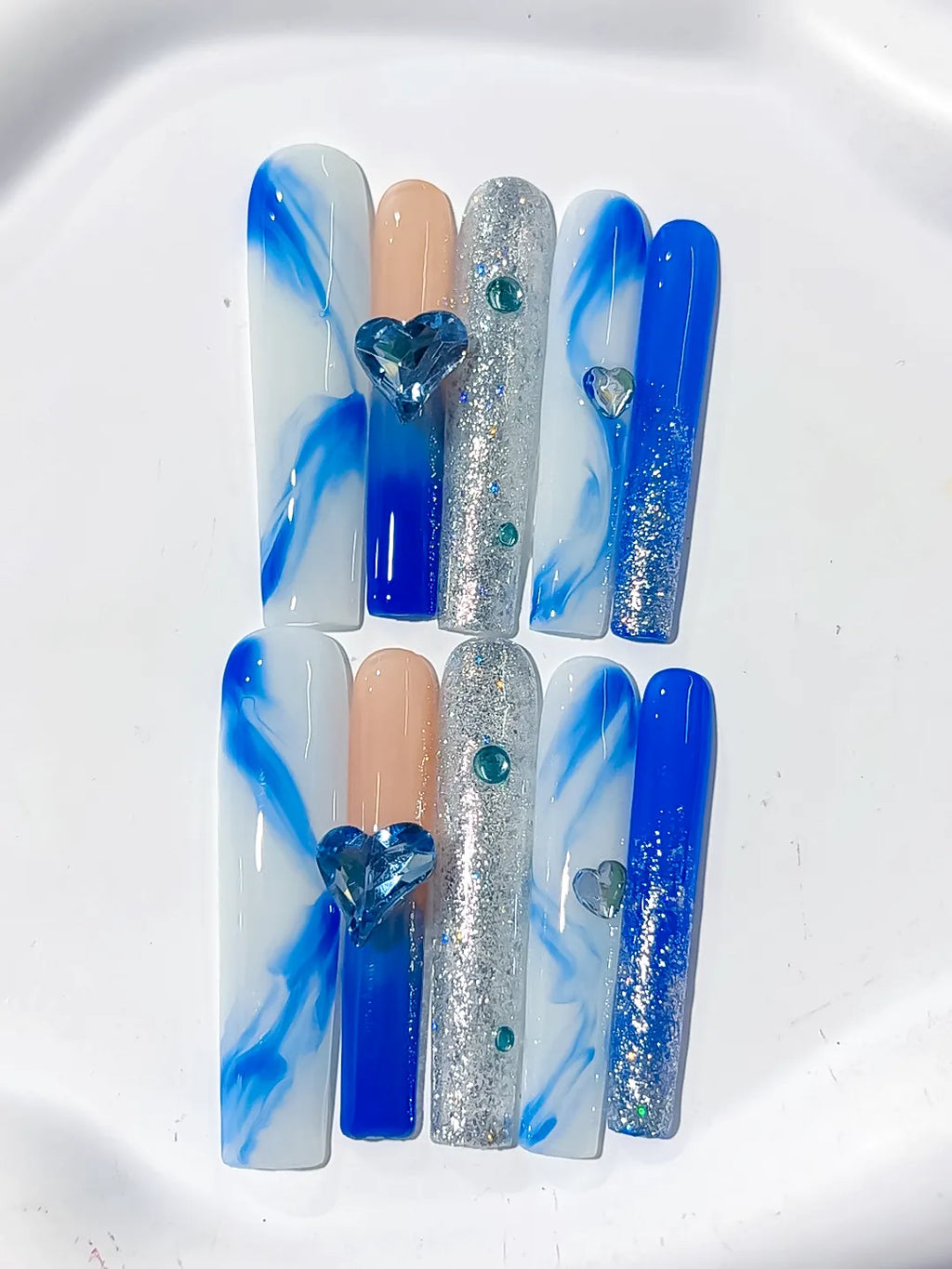 Blue White Silver Nude Abstract Heart Glitter Rhinestone press on nails detail view