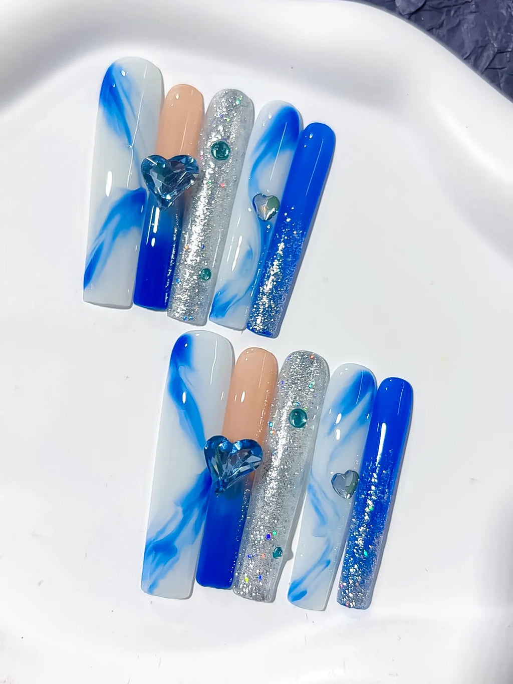 Blue White Silver Nude Abstract Heart Glitter Rhinestone press on nails detail view