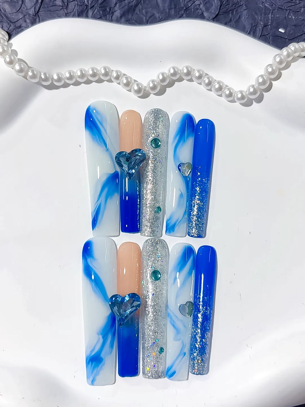 Blue White Silver Nude Abstract Heart Glitter Rhinestone press on nails detail view