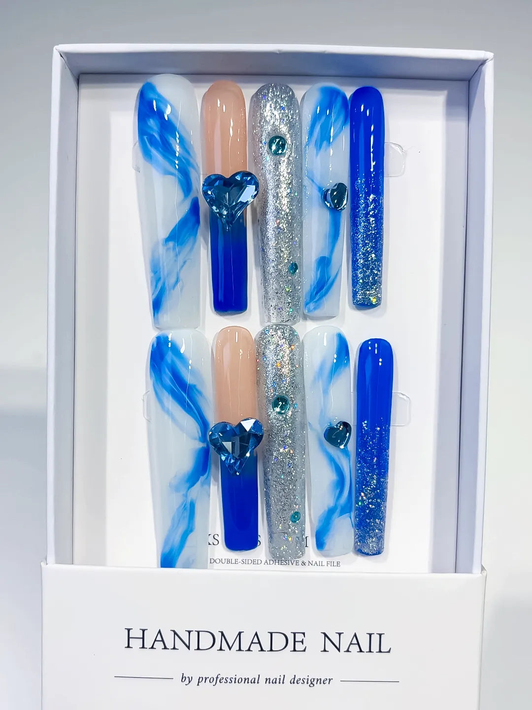 Blue White Silver Nude Abstract Heart Glitter Rhinestone press on nails full set view