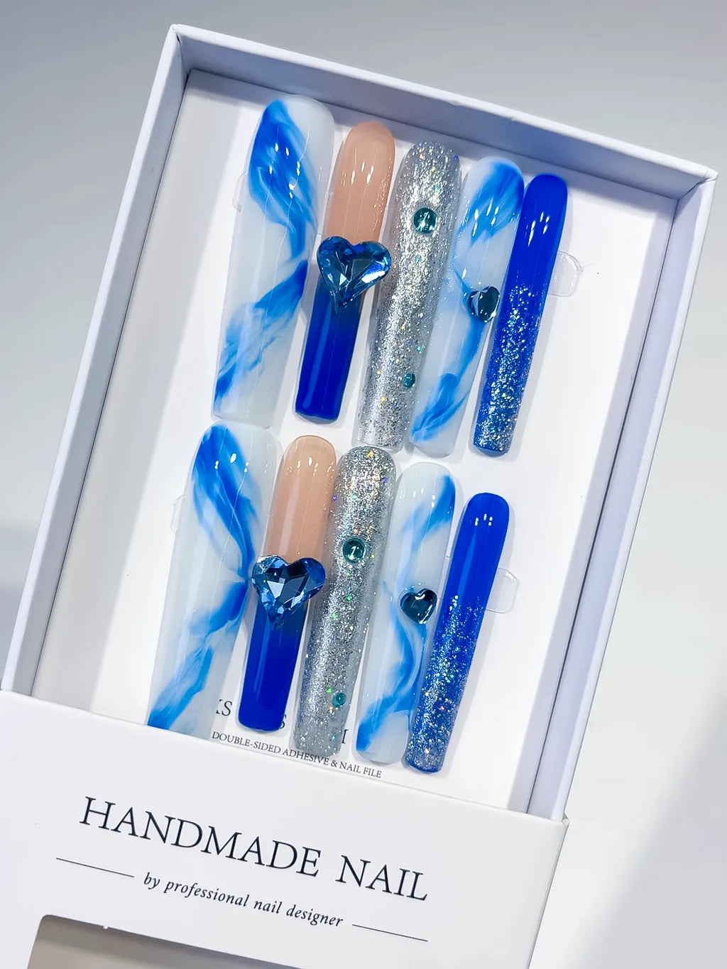 Blue White Silver Nude Abstract Heart Glitter Rhinestone press on nails