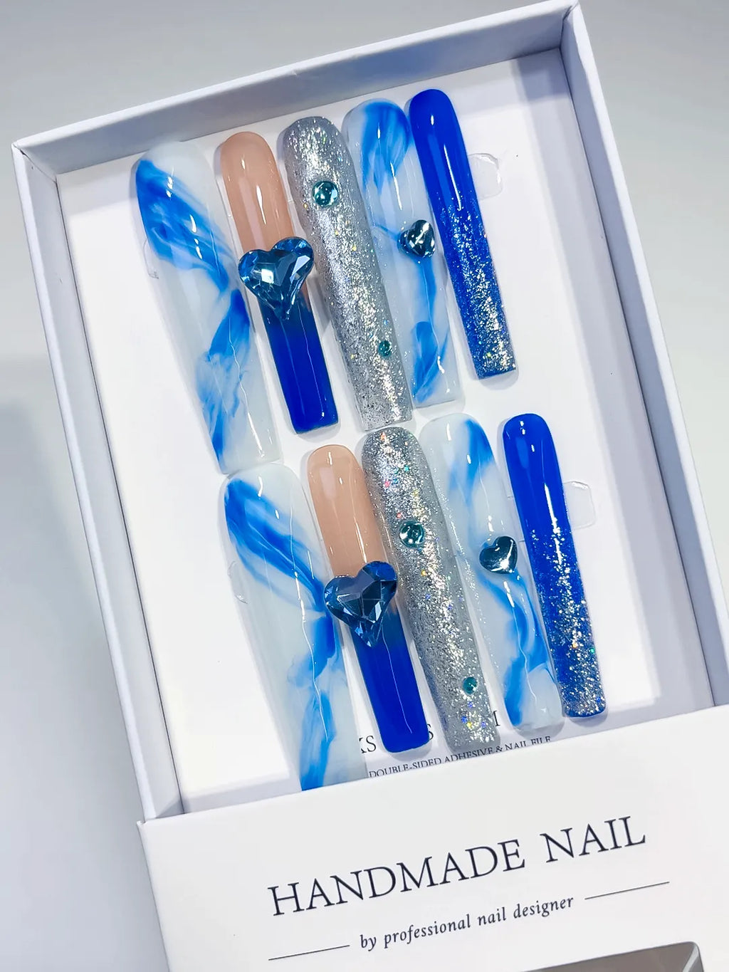 Blue White Silver Nude Abstract Heart Glitter Rhinestone press on nails angled view